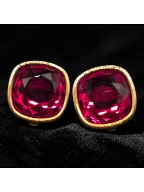 Vintage SAL Swarovski Red Crystal Clip-On Earrings Gold-Tone .75" Square Design